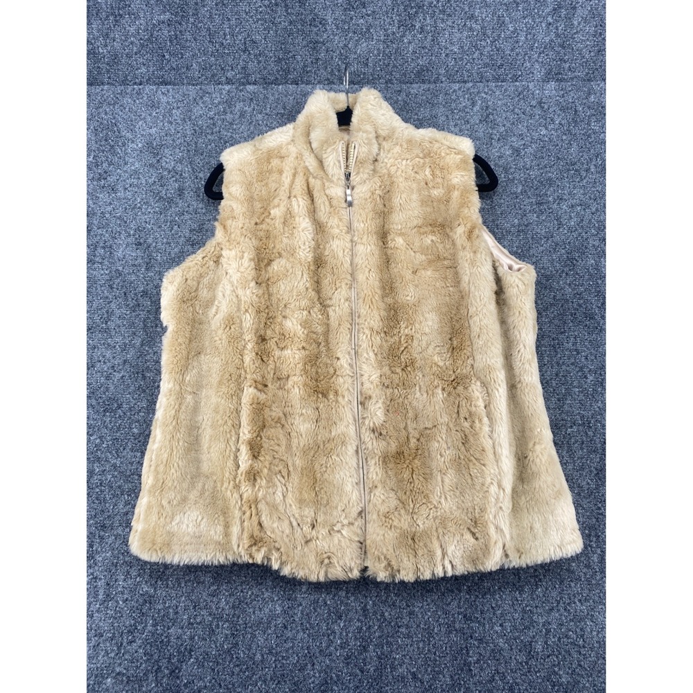 Coldwater Creek Faux Fur Vest Women Medium Tan Beige Zip Front Mock Neck Plush